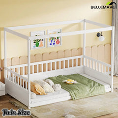 Bellemave® Twin Size Canopy Bed Frame with 4 Posters and Guardrails, Twin Size Montessori Floor Bed with High Fence - Bellemave
