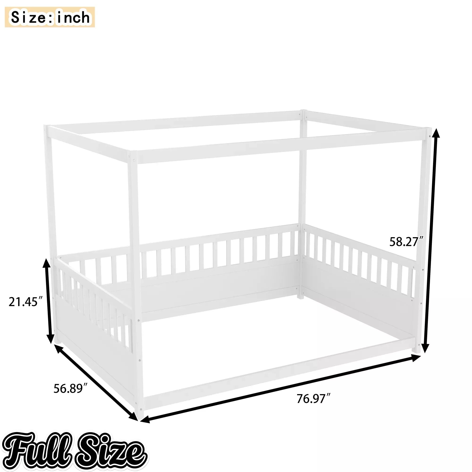 Bellemave® Twin Size Canopy Bed Frame with 4 Posters and Guardrails, Twin Size Montessori Floor Bed with High Fence - Bellemave