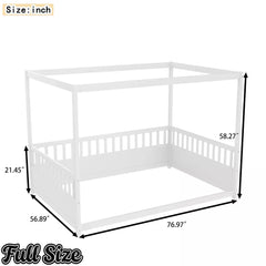 Bellemave® Twin Size Canopy Bed Frame with 4 Posters and Guardrails, Twin Size Montessori Floor Bed with High Fence - Bellemave