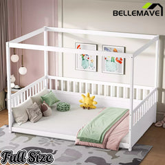 Bellemave® Twin Size Canopy Bed Frame with 4 Posters and Guardrails, Twin Size Montessori Floor Bed with High Fence - Bellemave