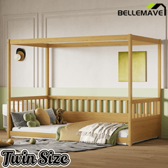 Bellemave® Twin Size Canopy Bed Frame with 4 Posters and Guardrails, Twin Size Montessori Floor Bed with High Fence - Bellemave
