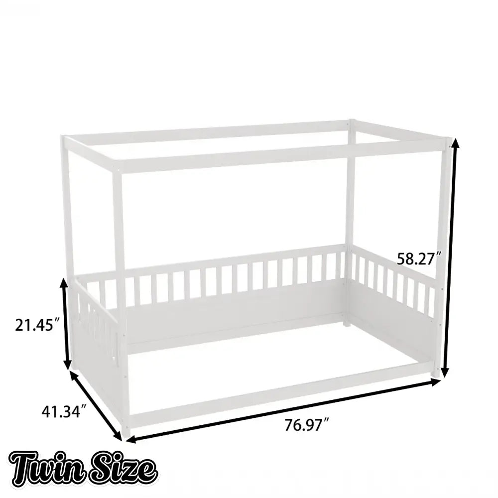 Bellemave® Twin Size Canopy Bed Frame with 4 Posters and Guardrails, Twin Size Montessori Floor Bed with High Fence - Bellemave