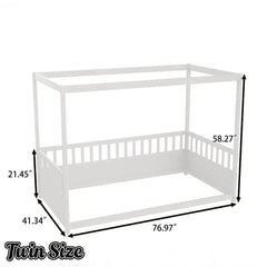 Bellemave® Twin Size Canopy Bed Frame with 4 Posters and Guardrails, Twin Size Montessori Floor Bed with High Fence - Bellemave