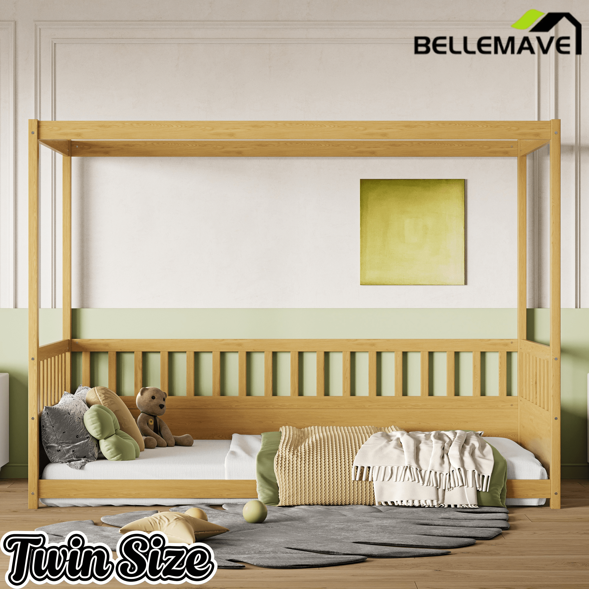 Bellemave® Twin Size Canopy Bed Frame with 4 Posters and Guardrails, Twin Size Montessori Floor Bed with High Fence - Bellemave