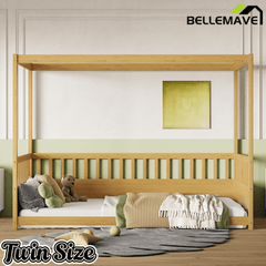 Bellemave® Twin Size Canopy Bed Frame with 4 Posters and Guardrails, Twin Size Montessori Floor Bed with High Fence - Bellemave