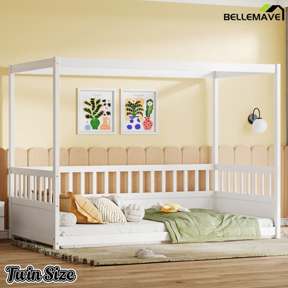 Bellemave® Twin Size Canopy Bed Frame with 4 Posters and Guardrails, Twin Size Montessori Floor Bed with High Fence - Bellemave