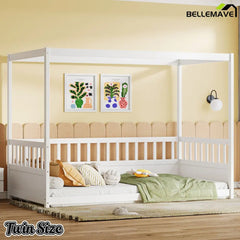 Bellemave® Twin Size Canopy Bed Frame with 4 Posters and Guardrails, Twin Size Montessori Floor Bed with High Fence - Bellemave