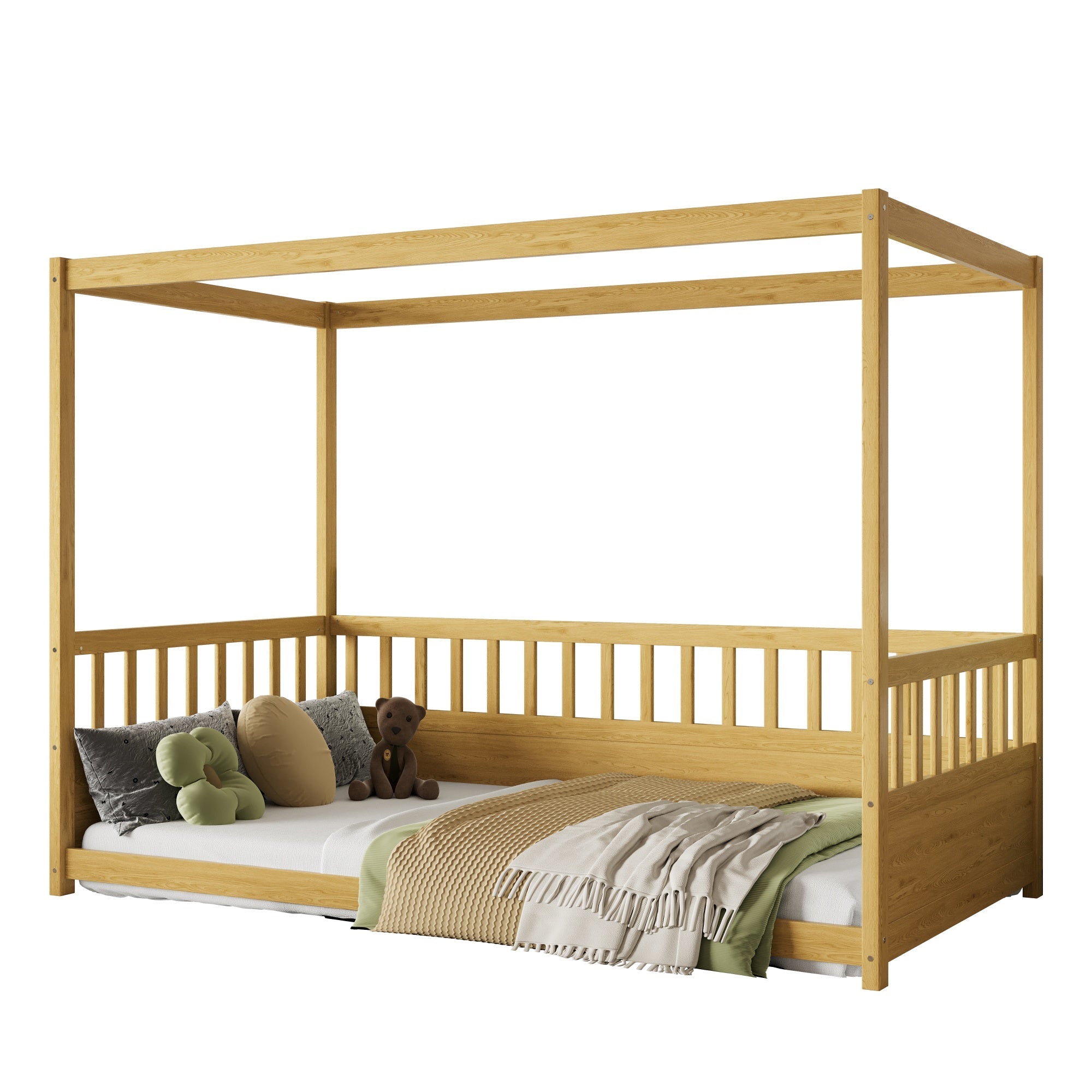 Bellemave® Twin Size Canopy Bed Frame with 4 Posters and Guardrails, Twin Size Montessori Floor Bed with High Fence - Bellemave