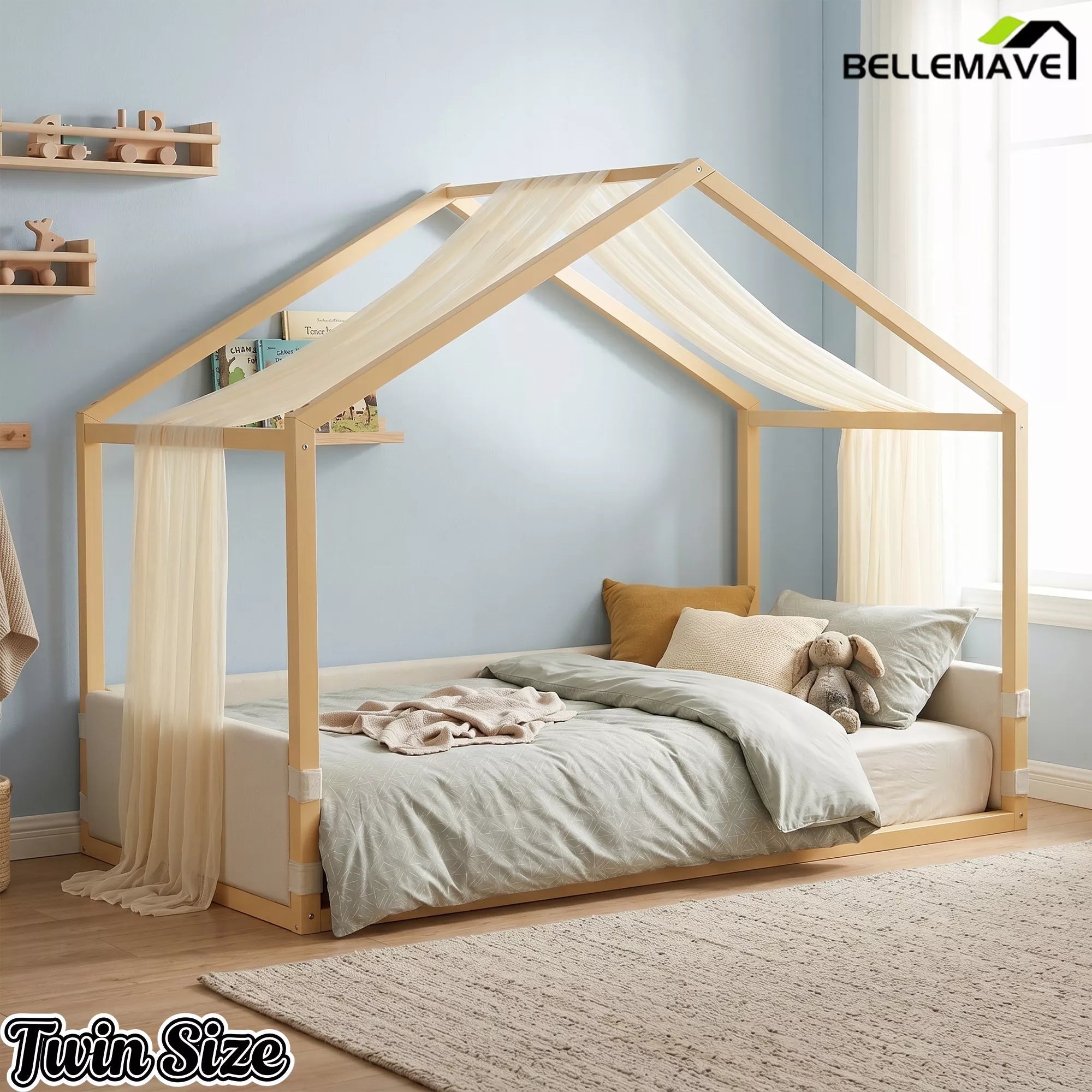 Bellemave® Twin Size Canopy Bed with Velvet Upholstered Panels, Gauze Canopy Top & Modern Platform Frame - Bellemave