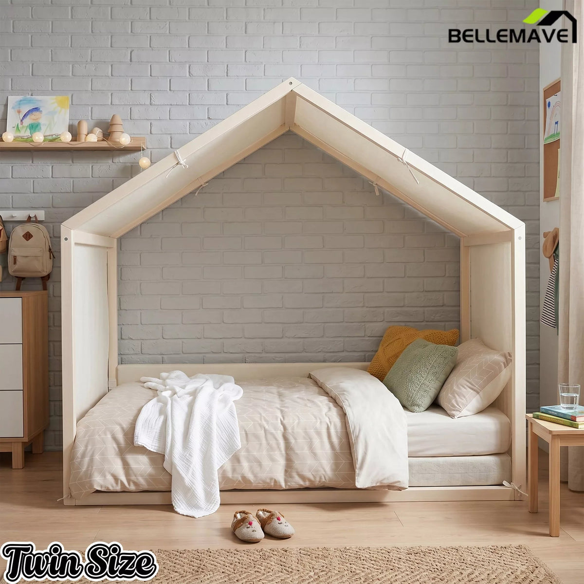 Bellemave® Twin Size Canopy Bed with Velvet Upholstered Panels, Linen Canopy Top & Modern Platform Frame - Bellemave