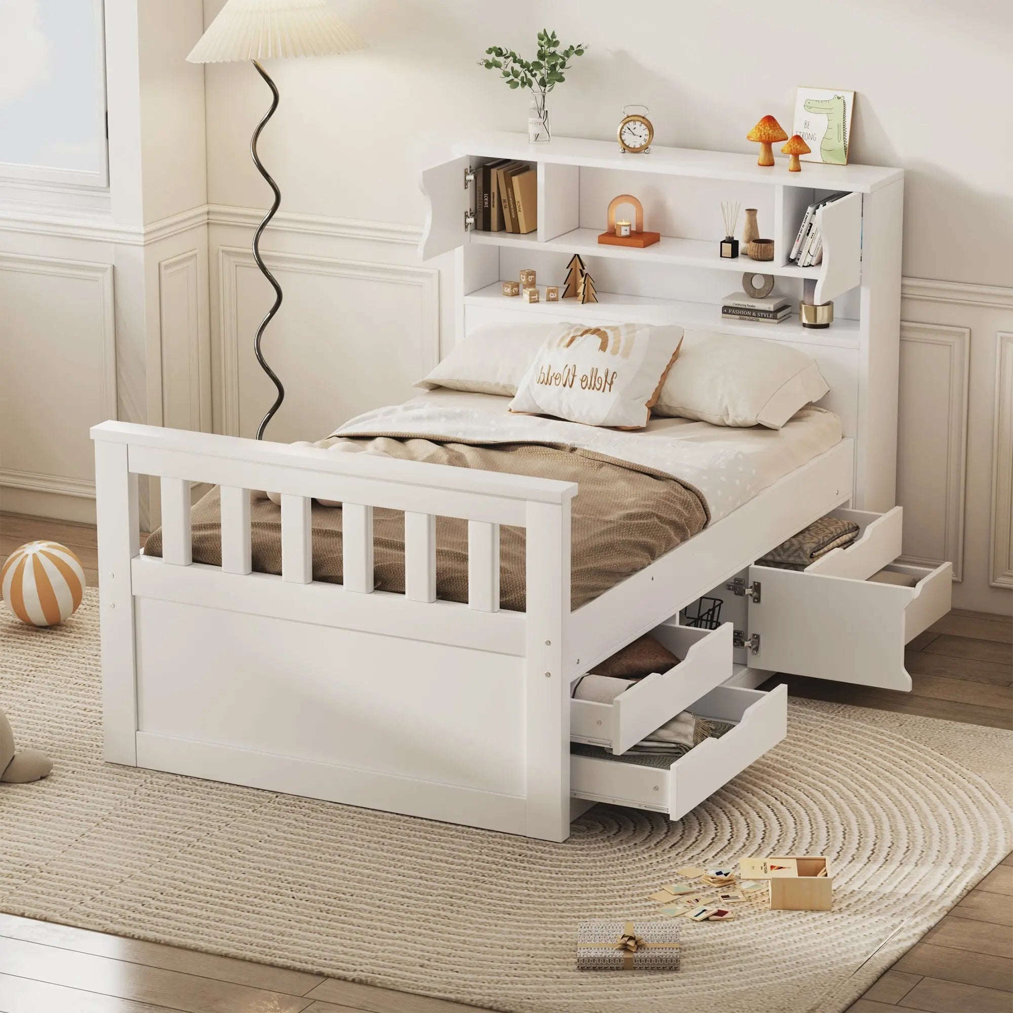Bellemave® Twin Size Captain Platform Bed Frame with Storage Bookcases and Shelves,Four Drawers - Bellemave