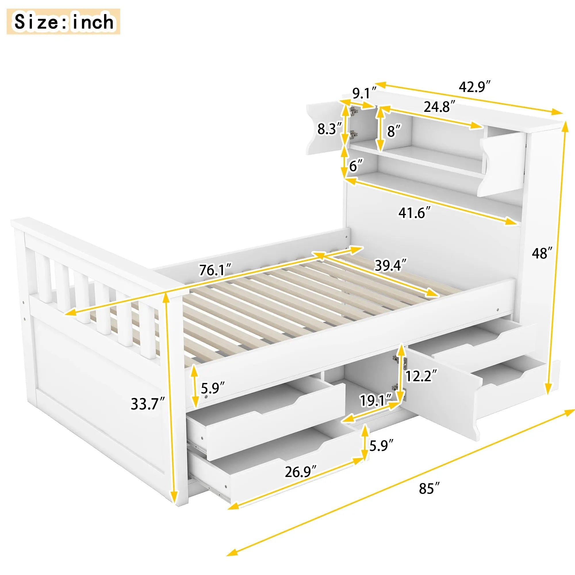 Bellemave® Twin Size Captain Platform Bed Frame with Storage Bookcases and Shelves,Four Drawers - Bellemave