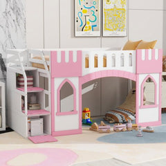 Bellemave® Twin Size Castle Shape Loft Bed with Storage Staircase and Window - Bellemave