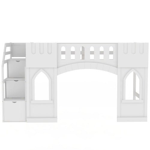 Bellemave® Twin Size Castle Shape Loft Bed with Storage Staircase and Window - Bellemave