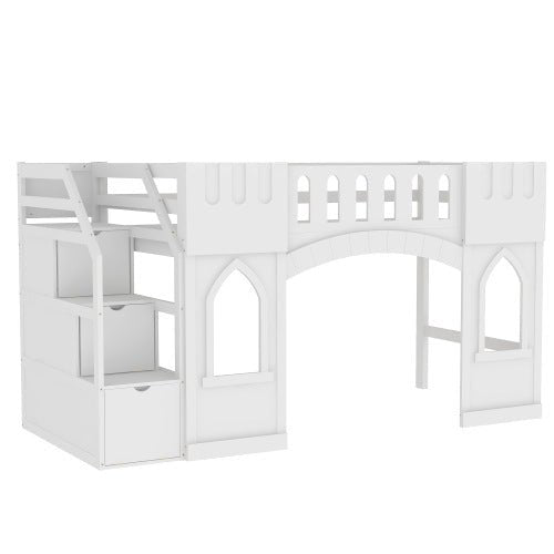 Bellemave® Twin Size Castle Shape Loft Bed with Storage Staircase and Window - Bellemave
