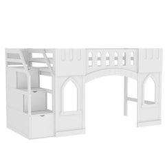 Bellemave® Twin Size Castle Shape Loft Bed with Storage Staircase and Window - Bellemave