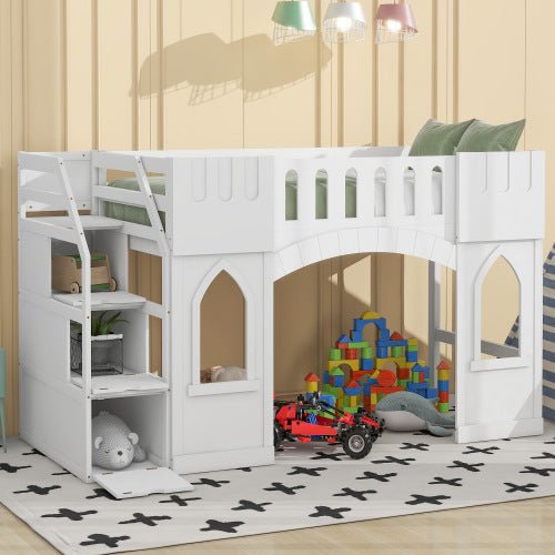 Bellemave® Twin Size Castle Shape Loft Bed with Storage Staircase and Window - Bellemave