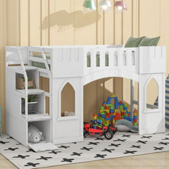 Bellemave® Twin Size Castle Shape Loft Bed with Storage Staircase and Window - Bellemave