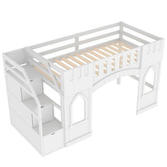 Bellemave® Twin Size Castle Shape Loft Bed with Storage Staircase and Window - Bellemave