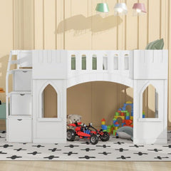 Bellemave® Twin Size Castle Shape Loft Bed with Storage Staircase and Window - Bellemave