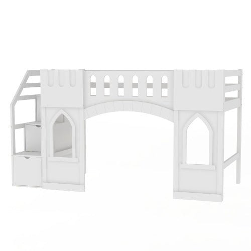 Bellemave® Twin Size Castle Shape Loft Bed with Storage Staircase and Window - Bellemave
