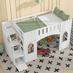 Bellemave® Twin Size Castle Shape Loft Bed with Storage Staircase and Window - Bellemave