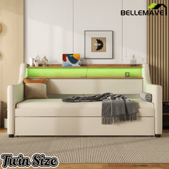 Bellemave® Twin Size Daybed with Drawers, Upholstery Day Bed with LED Light ＆ Charging Station, Leather Day Bed with Wood and Metal Frame, Twin Daybed Frame with Storage Shelf, Beige - Bellemave