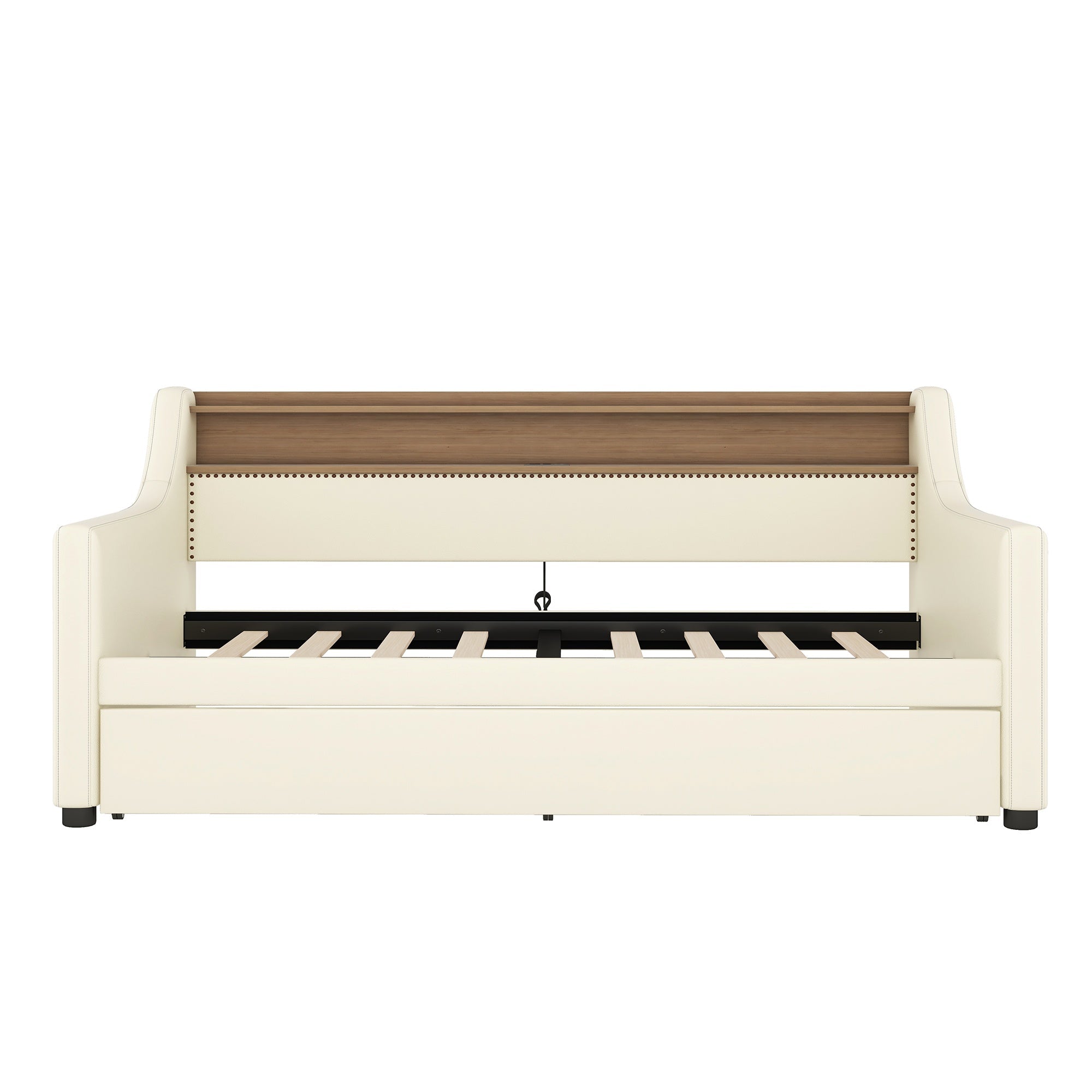Bellemave® Twin Size Daybed with Drawers, Upholstery Day Bed with LED Light ＆ Charging Station, Leather Day Bed with Wood and Metal Frame, Twin Daybed Frame with Storage Shelf, Beige - Bellemave