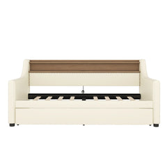 Bellemave® Twin Size Daybed with Drawers, Upholstery Day Bed with LED Light ＆ Charging Station, Leather Day Bed with Wood and Metal Frame, Twin Daybed Frame with Storage Shelf, Beige - Bellemave