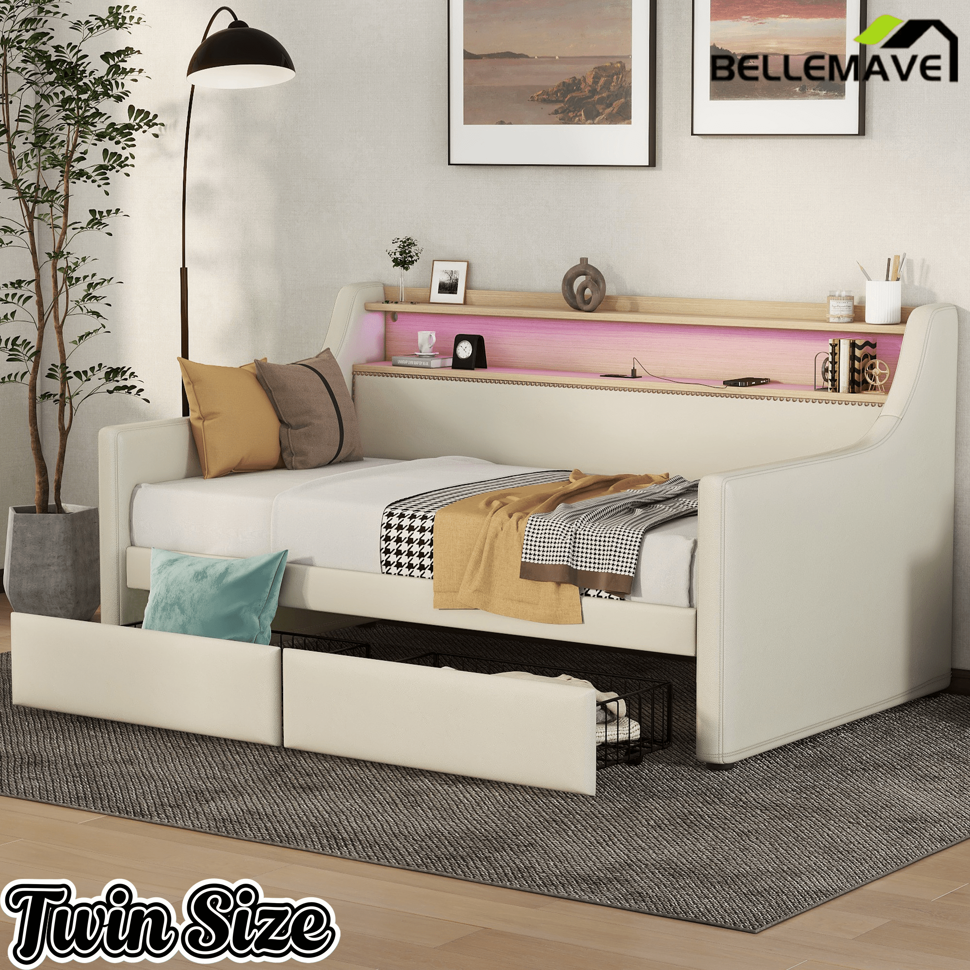 Bellemave® Twin Size Daybed with Drawers, Upholstery Day Bed with LED Light ＆ Charging Station, Leather Day Bed with Wood and Metal Frame, Twin Daybed Frame with Storage Shelf, Beige - Bellemave