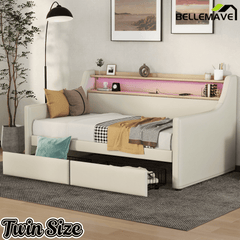 Bellemave® Twin Size Daybed with Drawers, Upholstery Day Bed with LED Light ＆ Charging Station, Leather Day Bed with Wood and Metal Frame, Twin Daybed Frame with Storage Shelf, Beige - Bellemave