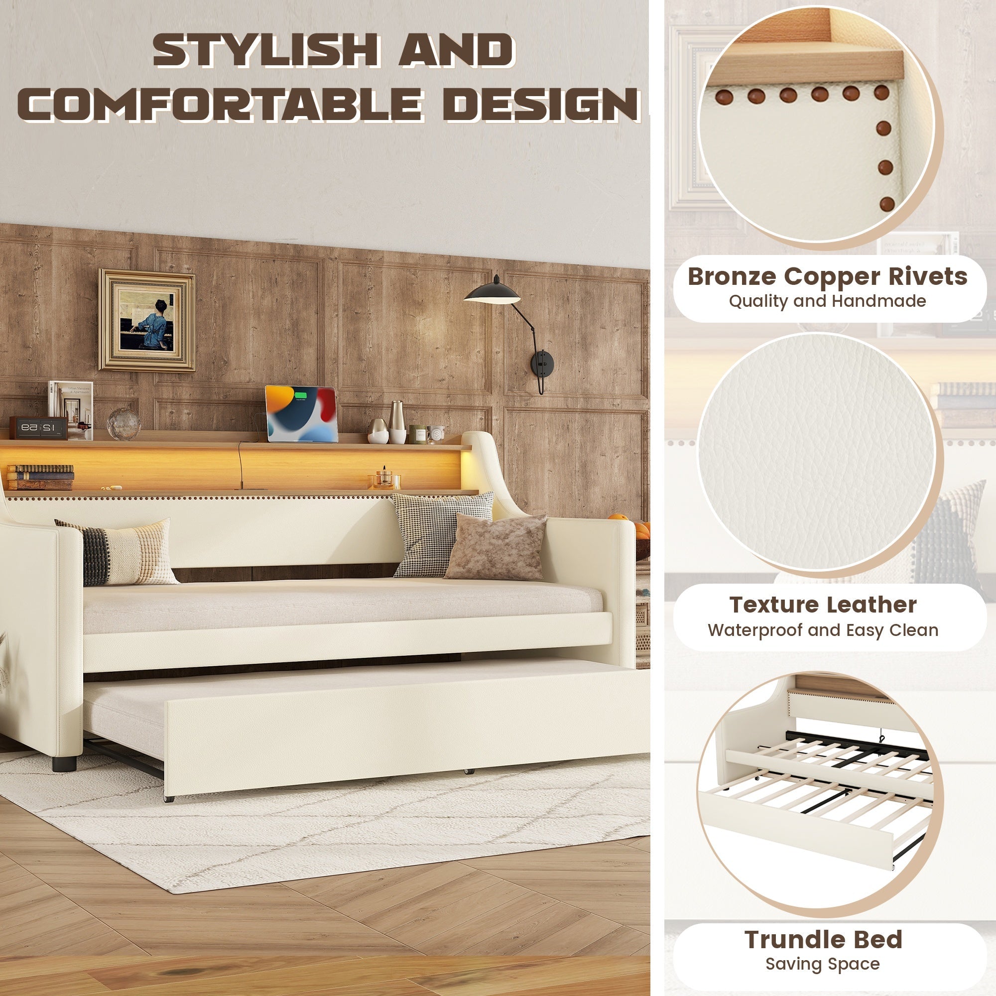 Bellemave® Twin Size Daybed with Drawers, Upholstery Day Bed with LED Light ＆ Charging Station, Leather Day Bed with Wood and Metal Frame, Twin Daybed Frame with Storage Shelf, Beige - Bellemave