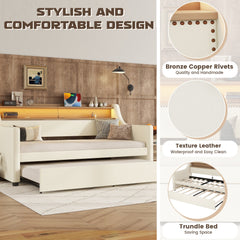 Bellemave® Twin Size Daybed with Drawers, Upholstery Day Bed with LED Light ＆ Charging Station, Leather Day Bed with Wood and Metal Frame, Twin Daybed Frame with Storage Shelf, Beige - Bellemave