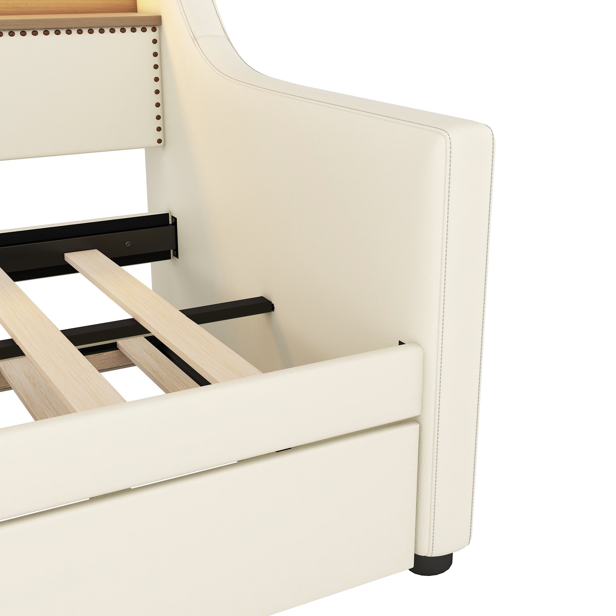 Bellemave® Twin Size Daybed with Drawers, Upholstery Day Bed with LED Light ＆ Charging Station, Leather Day Bed with Wood and Metal Frame, Twin Daybed Frame with Storage Shelf, Beige - Bellemave