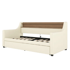 Bellemave® Twin Size Daybed with Drawers, Upholstery Day Bed with LED Light ＆ Charging Station, Leather Day Bed with Wood and Metal Frame, Twin Daybed Frame with Storage Shelf, Beige - Bellemave