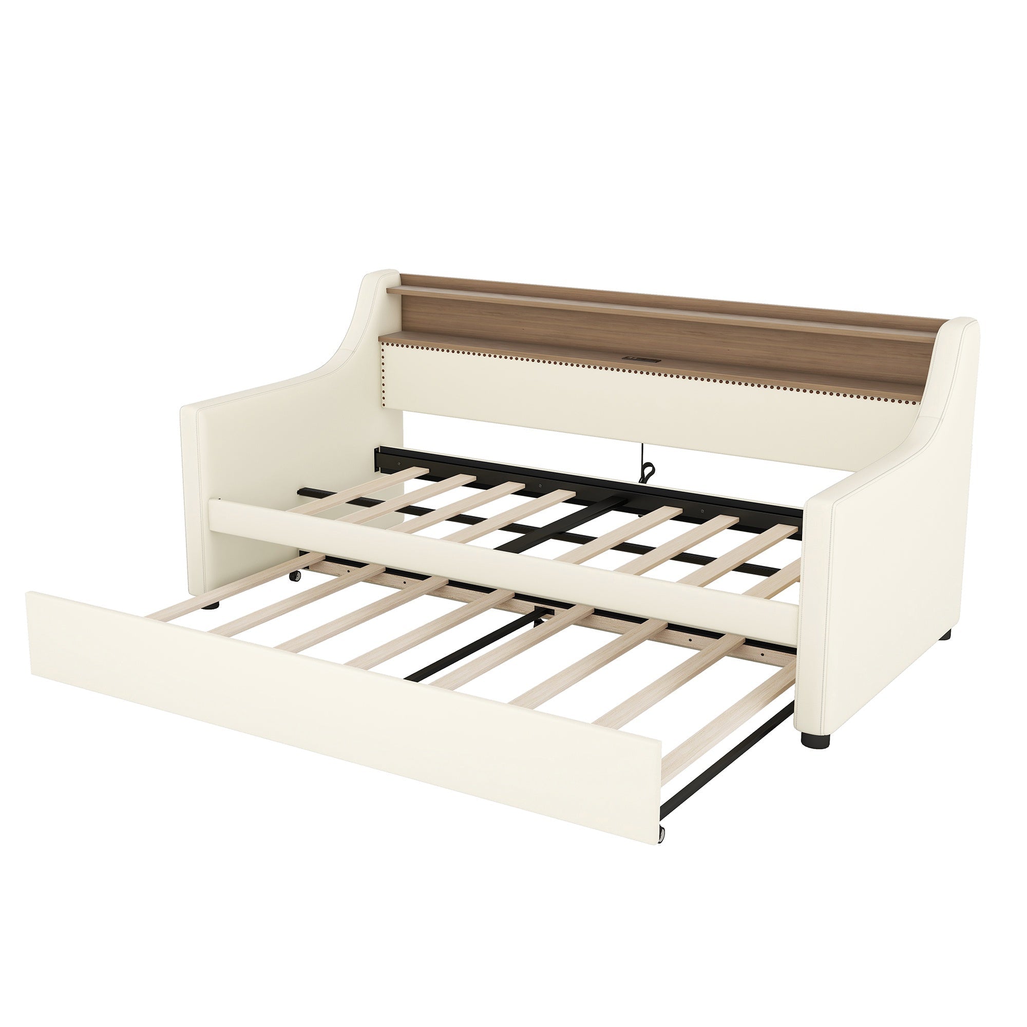 Bellemave® Twin Size Daybed with Drawers, Upholstery Day Bed with LED Light ＆ Charging Station, Leather Day Bed with Wood and Metal Frame, Twin Daybed Frame with Storage Shelf, Beige - Bellemave