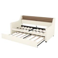 Bellemave® Twin Size Daybed with Drawers, Upholstery Day Bed with LED Light ＆ Charging Station, Leather Day Bed with Wood and Metal Frame, Twin Daybed Frame with Storage Shelf, Beige - Bellemave