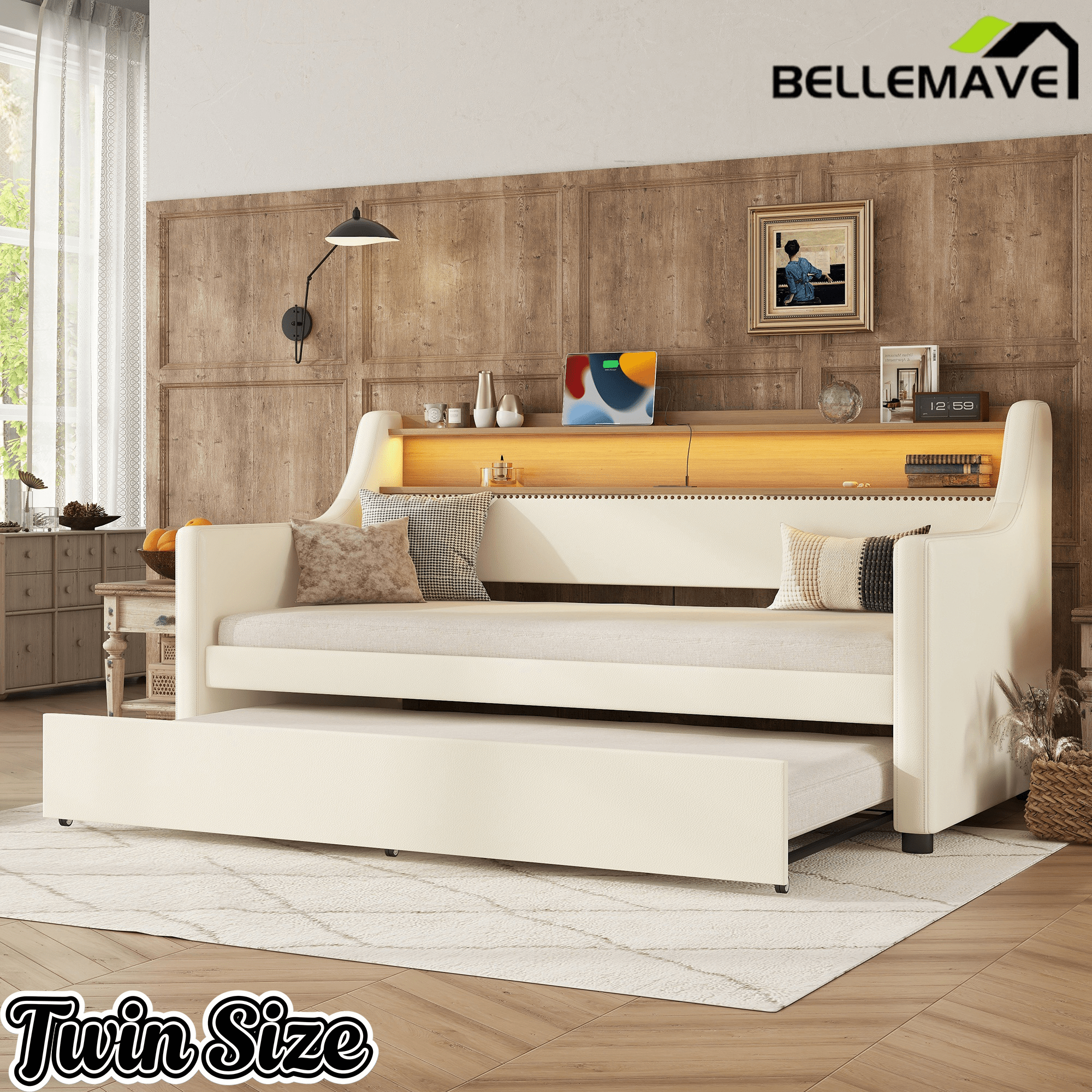 Bellemave® Twin Size Daybed with Drawers, Upholstery Day Bed with LED Light ＆ Charging Station, Leather Day Bed with Wood and Metal Frame, Twin Daybed Frame with Storage Shelf, Beige - Bellemave
