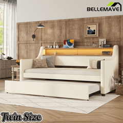 Bellemave® Twin Size Daybed with Drawers, Upholstery Day Bed with LED Light ＆ Charging Station, Leather Day Bed with Wood and Metal Frame, Twin Daybed Frame with Storage Shelf, Beige - Bellemave