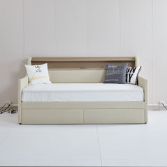 Bellemave® Twin Size Daybed with Drawers, Upholstery Day Bed with LED Light ＆ Charging Station, Leather Day Bed with Wood and Metal Frame, Twin Daybed Frame with Storage Shelf, Beige - Bellemave