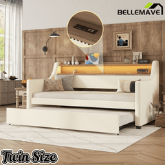 Bellemave® Twin Size Daybed with Drawers, Upholstery Day Bed with LED Light ＆ Charging Station, Leather Day Bed with Wood and Metal Frame, Twin Daybed Frame with Storage Shelf, Beige - Bellemave
