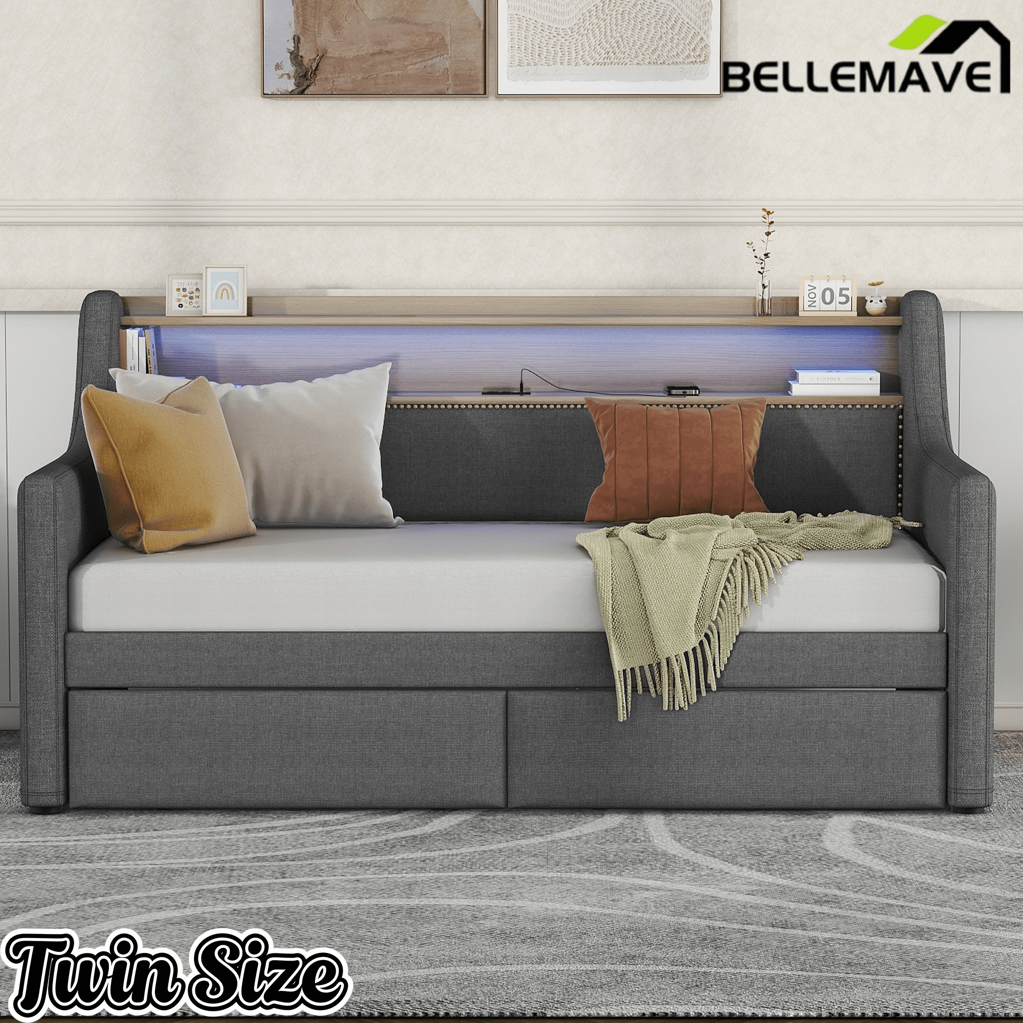 Bellemave® Twin Size Daybed with Drawers, Upholstery Day Bed with LED Light ＆ Charging Station, Leather Day Bed with Wood and Metal Frame, Twin Daybed Frame with Storage Shelf, Beige - Bellemave