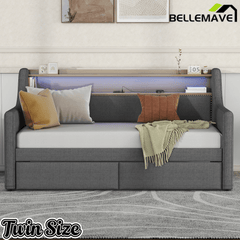 Bellemave® Twin Size Daybed with Drawers, Upholstery Day Bed with LED Light ＆ Charging Station, Leather Day Bed with Wood and Metal Frame, Twin Daybed Frame with Storage Shelf, Beige - Bellemave