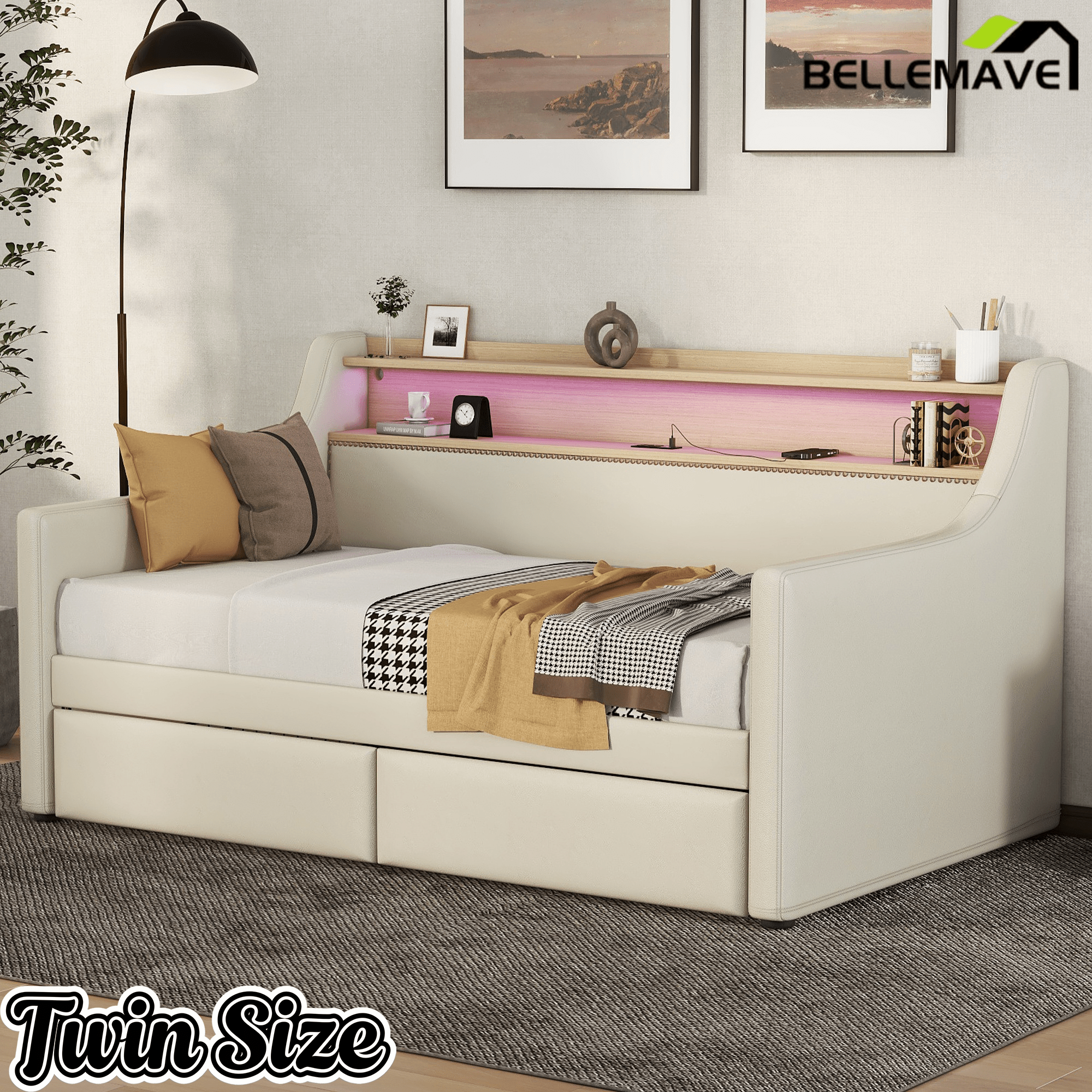 Bellemave® Twin Size Daybed with Drawers, Upholstery Day Bed with LED Light ＆ Charging Station, Leather Day Bed with Wood and Metal Frame, Twin Daybed Frame with Storage Shelf, Beige - Bellemave