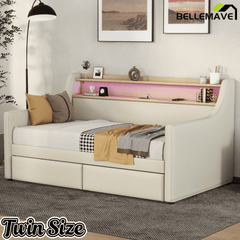 Bellemave® Twin Size Daybed with Drawers, Upholstery Day Bed with LED Light ＆ Charging Station, Leather Day Bed with Wood and Metal Frame, Twin Daybed Frame with Storage Shelf, Beige - Bellemave