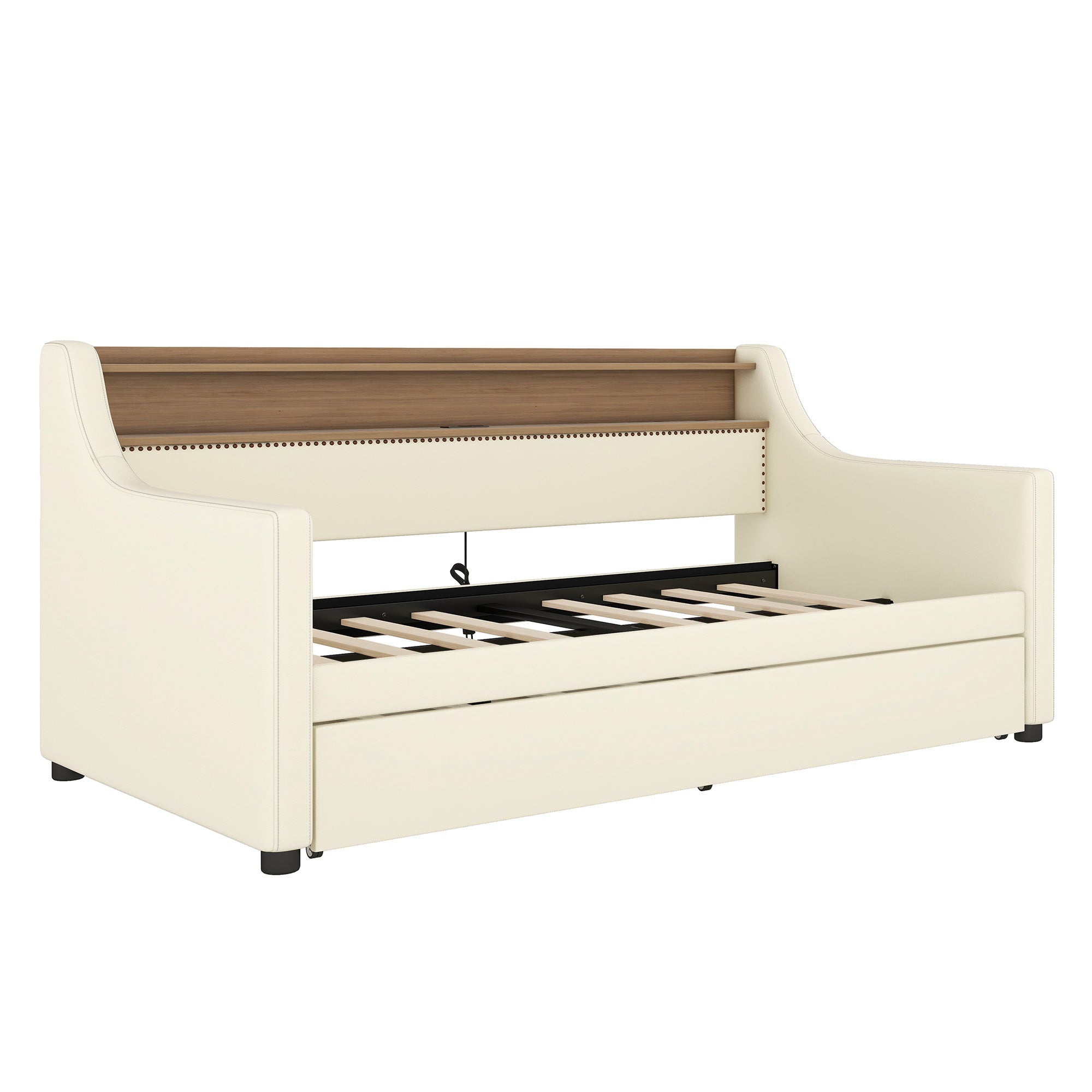 Bellemave® Twin Size Daybed with Drawers, Upholstery Day Bed with LED Light ＆ Charging Station, Leather Day Bed with Wood and Metal Frame, Twin Daybed Frame with Storage Shelf, Beige - Bellemave