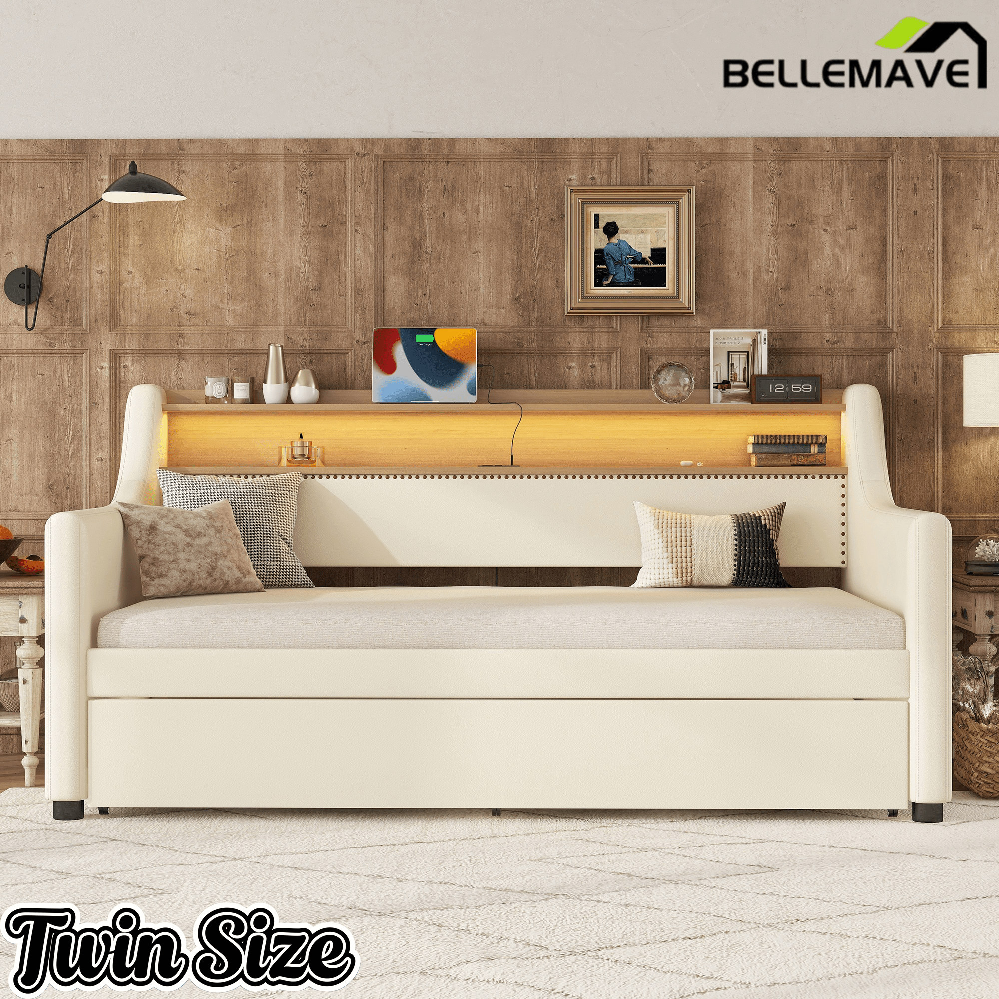 Bellemave® Twin Size Daybed with Drawers, Upholstery Day Bed with LED Light ＆ Charging Station, Leather Day Bed with Wood and Metal Frame, Twin Daybed Frame with Storage Shelf, Beige - Bellemave