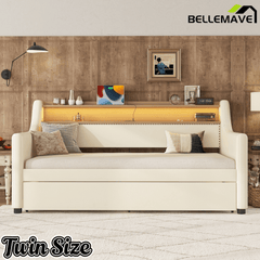 Bellemave® Twin Size Daybed with Drawers, Upholstery Day Bed with LED Light ＆ Charging Station, Leather Day Bed with Wood and Metal Frame, Twin Daybed Frame with Storage Shelf, Beige - Bellemave