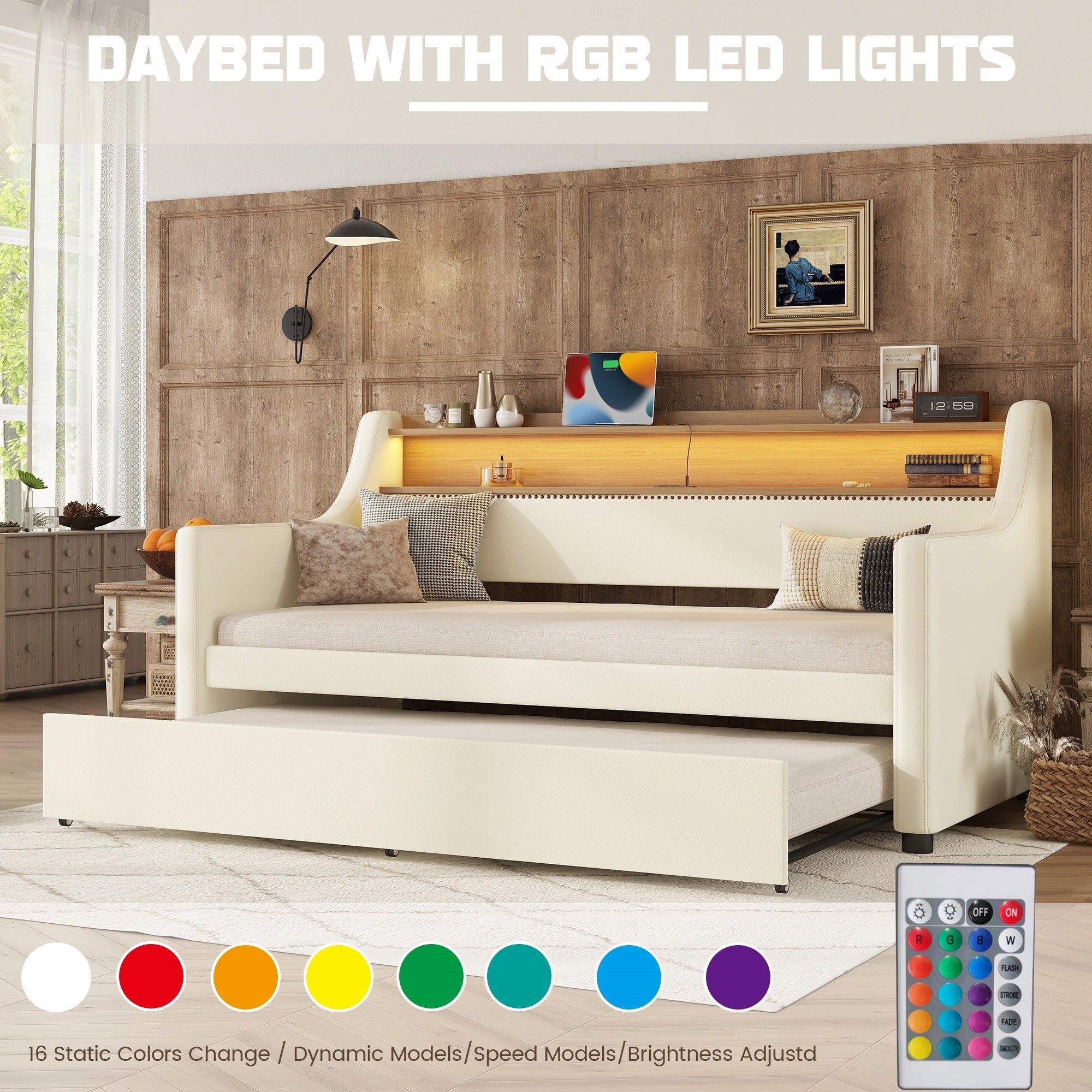 Bellemave® Twin Size Daybed with Drawers, Upholstery Day Bed with LED Light ＆ Charging Station, Leather Day Bed with Wood and Metal Frame, Twin Daybed Frame with Storage Shelf, Beige - Bellemave