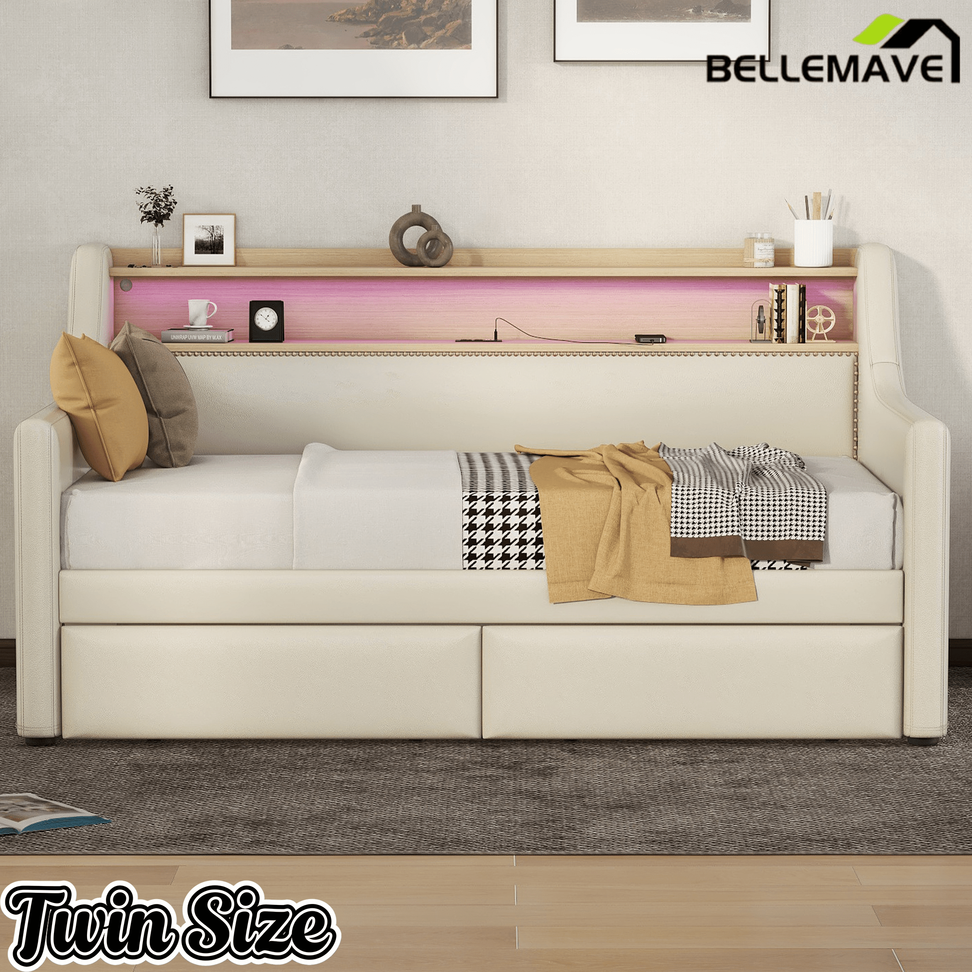 Bellemave® Twin Size Daybed with Drawers, Upholstery Day Bed with LED Light ＆ Charging Station, Leather Day Bed with Wood and Metal Frame, Twin Daybed Frame with Storage Shelf, Beige - Bellemave